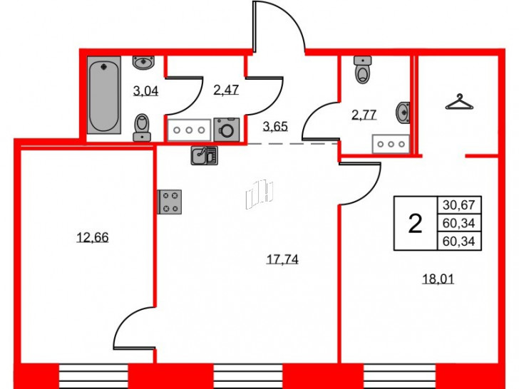 Двухкомнатная квартира 60.34 м²