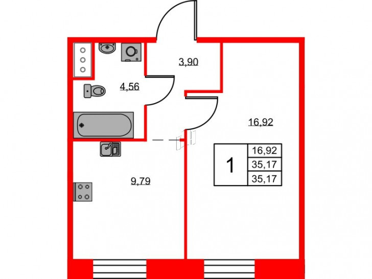 Однокомнатная квартира 35.17 м²