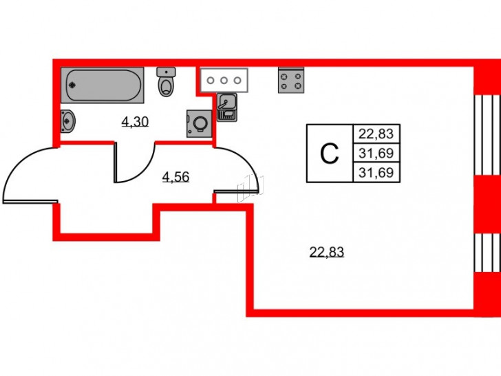 Студия 31.69 м²