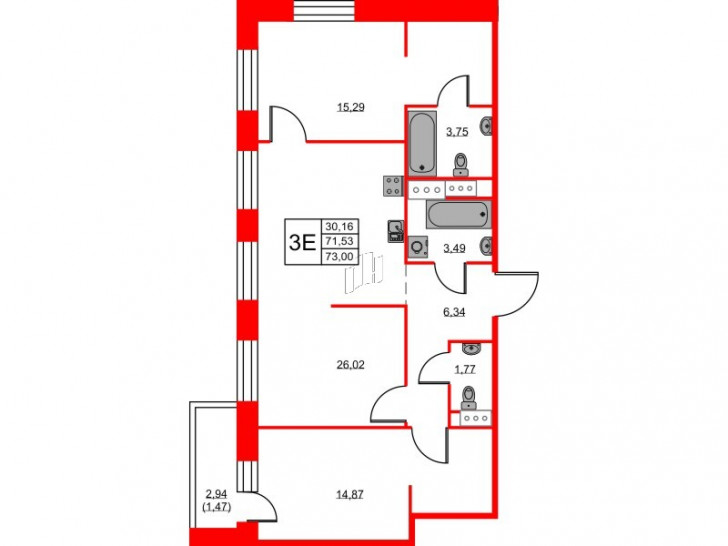 Двухкомнатная квартира 73 м²