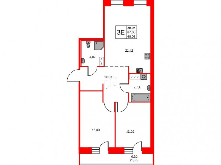 Двухкомнатная квартира 68.95 м²