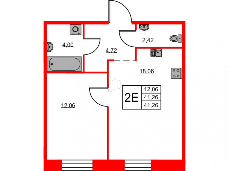 Однокомнатная квартира 41.26 м²