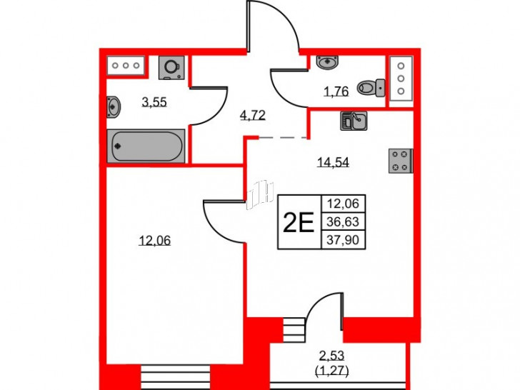 Однокомнатная квартира 37.9 м²