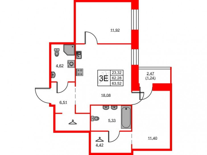 Двухкомнатная квартира 63.52 м²