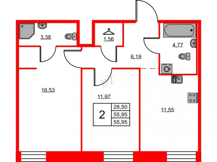 Двухкомнатная квартира 55.95 м²