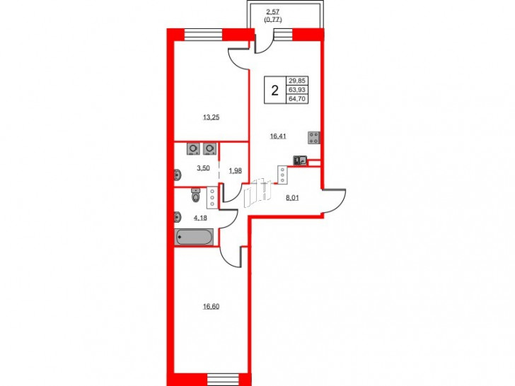 Двухкомнатная квартира 64.7 м²