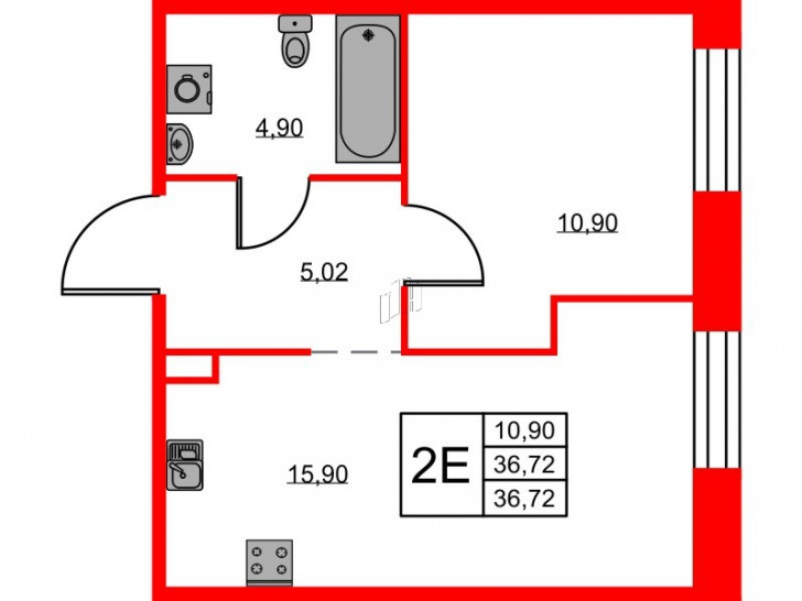 Однокомнатная квартира 36.72 м²
