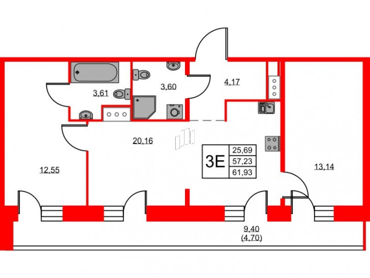 Двухкомнатная квартира 61.93 м²