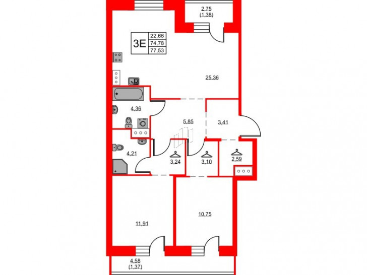Двухкомнатная квартира 77.53 м²