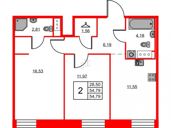 Двухкомнатная квартира 54.79 м²