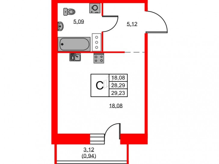 Студия 29.23 м²