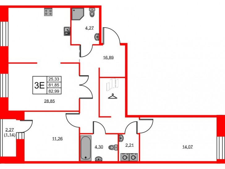 Двухкомнатная квартира 82.99 м²