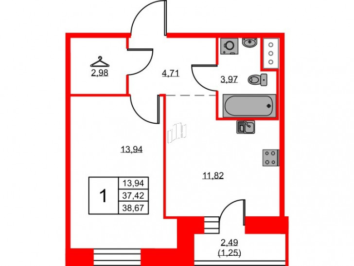 Однокомнатная квартира 38.67 м²