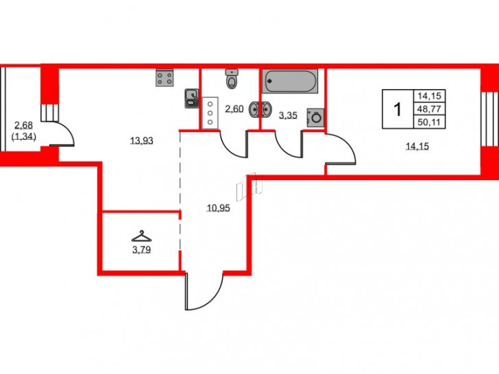 Однокомнатная квартира 50.11 м²
