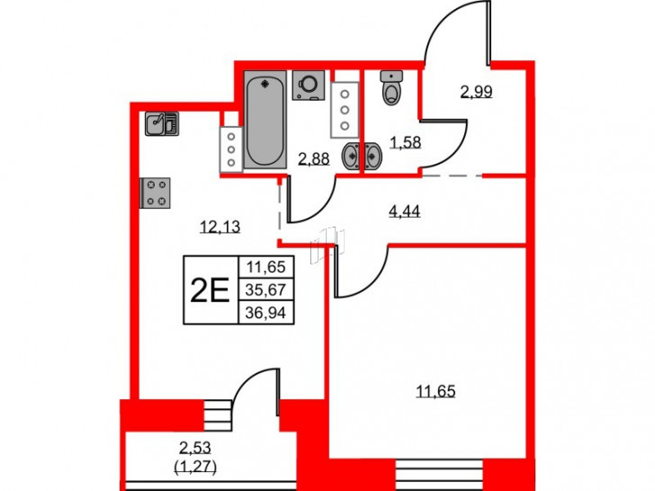 Однокомнатная квартира 36.94 м²