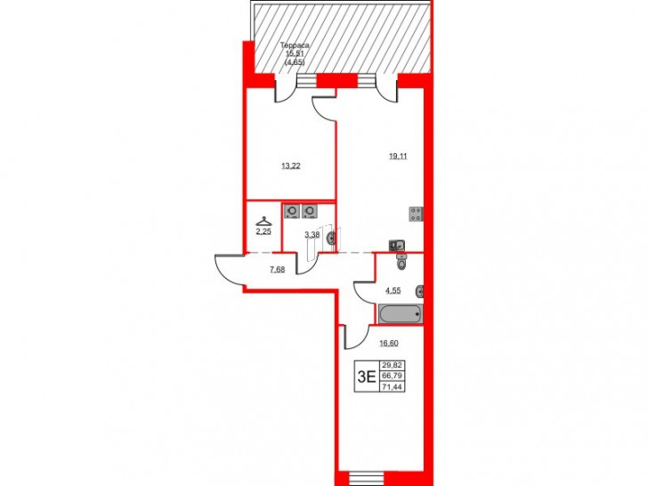 Двухкомнатная квартира 71.44 м²