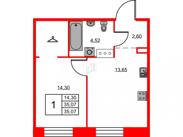 Однокомнатная квартира 35.07 м²