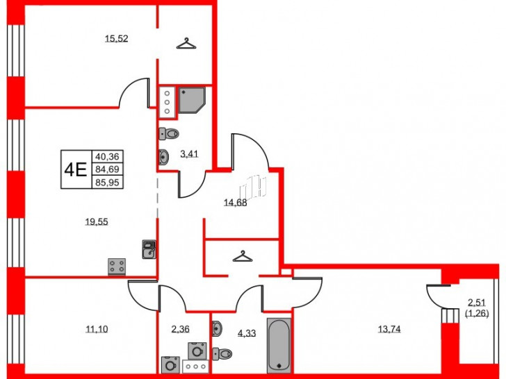 Трёхкомнатная квартира 85.95 м²