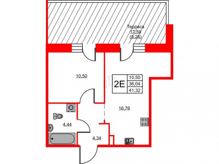 Однокомнатная квартира 41.32 м²