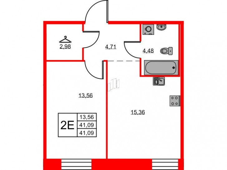 Однокомнатная квартира 41.09 м²
