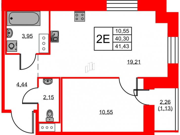Однокомнатная квартира 41.43 м²