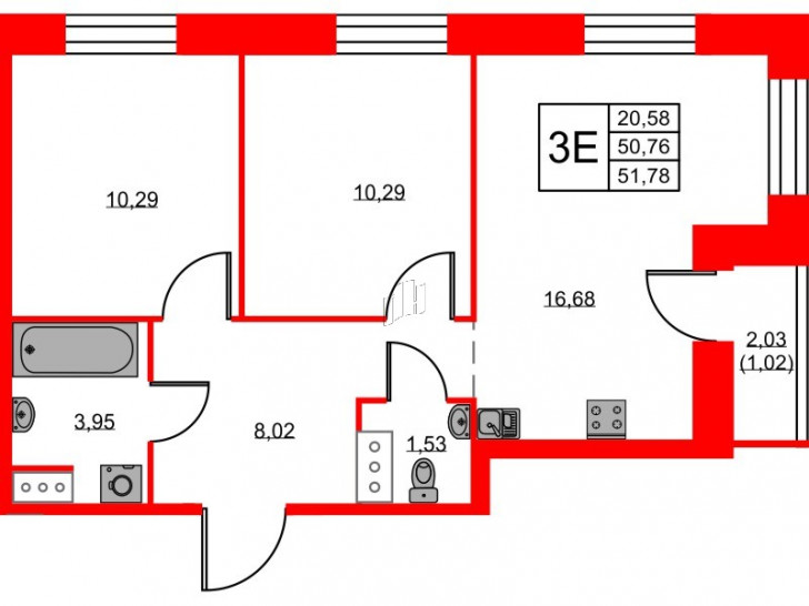 Двухкомнатная квартира 51.78 м²