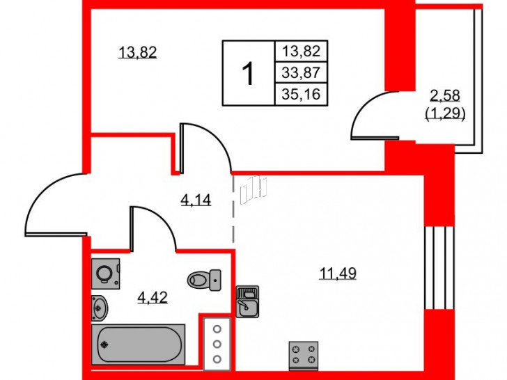 Однокомнатная квартира 35.16 м²