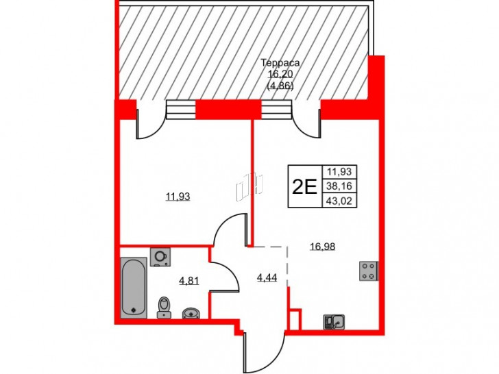 Однокомнатная квартира 43.02 м²