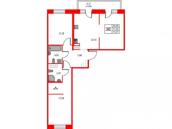 Двухкомнатная квартира 73.07 м²