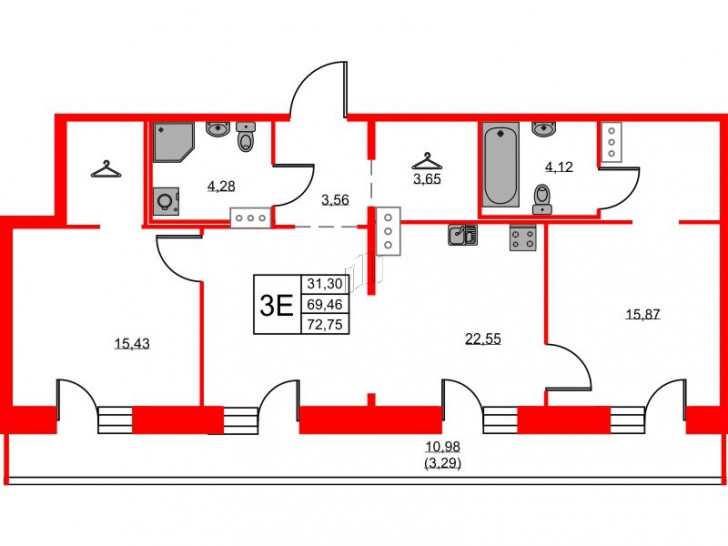 Двухкомнатная квартира 72.75 м²