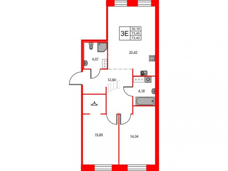 Двухкомнатная квартира 73.4 м²