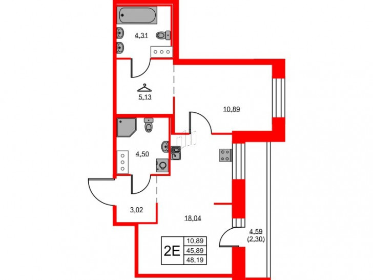 Однокомнатная квартира 48.19 м²