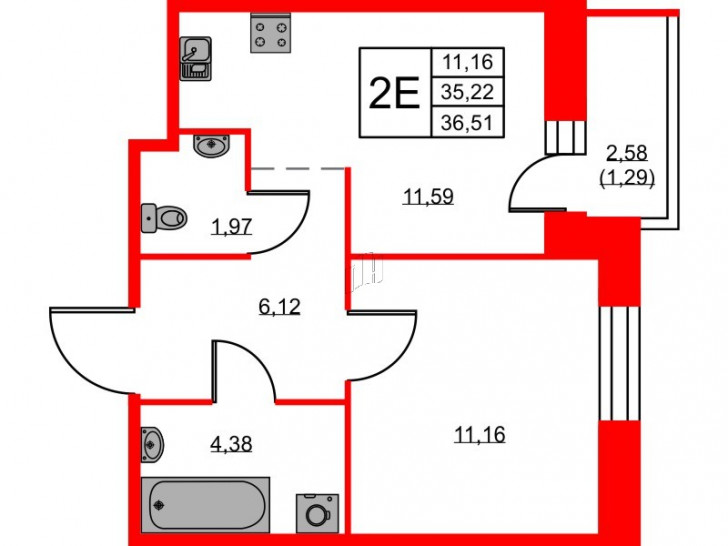 Однокомнатная квартира 36.51 м²