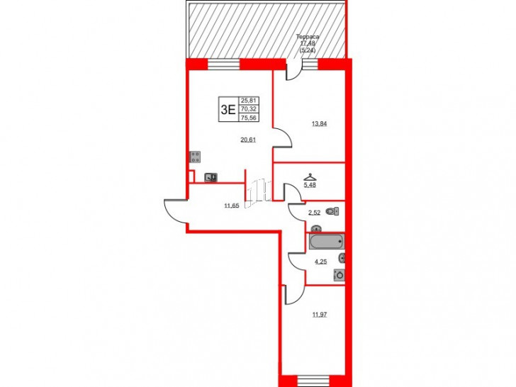 Двухкомнатная квартира 75.56 м²
