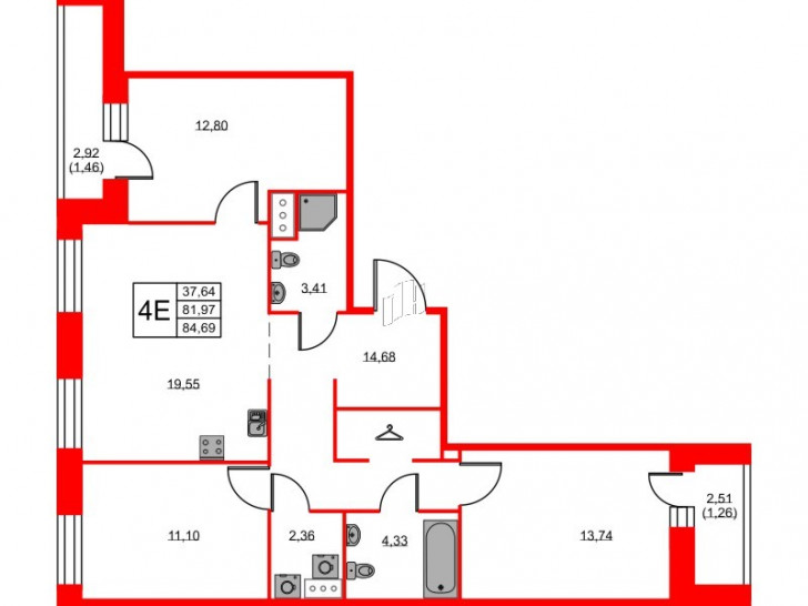 Трёхкомнатная квартира 84.69 м²