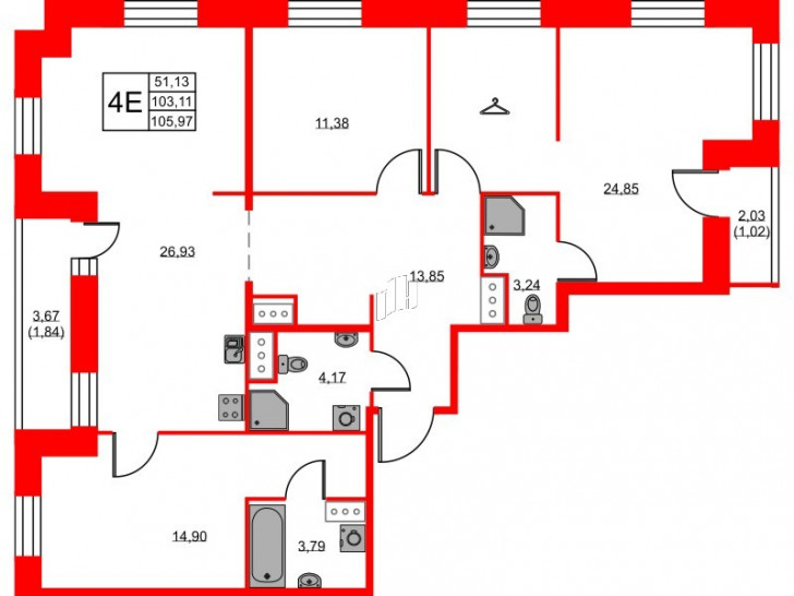 Трёхкомнатная квартира 105.97 м²