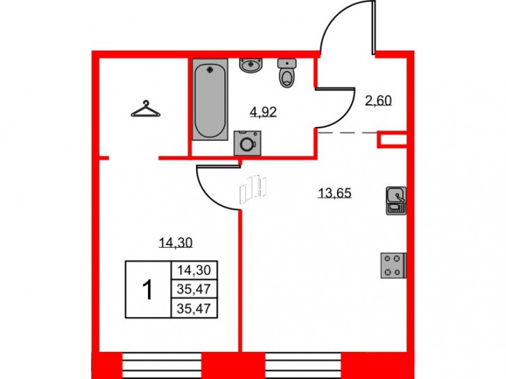 Однокомнатная квартира 35.47 м²