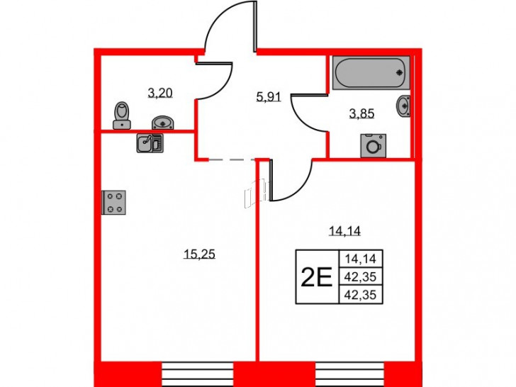 Однокомнатная квартира 42.35 м²