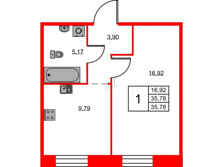 Однокомнатная квартира 35.78 м²