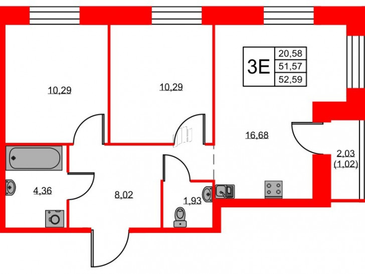 Двухкомнатная квартира 52.59 м²