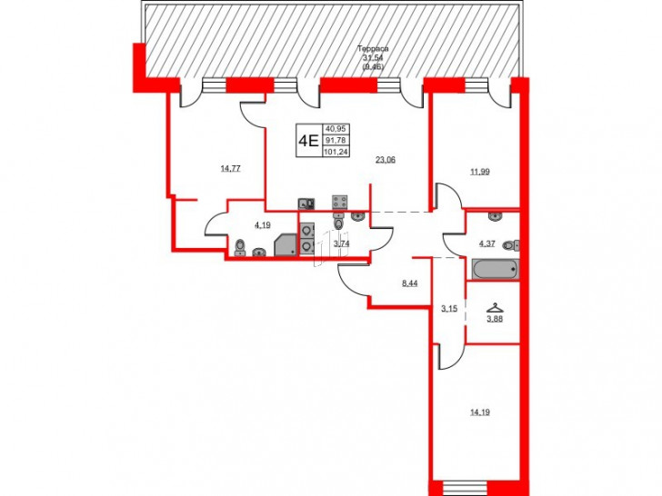 Трёхкомнатная квартира 101.24 м²