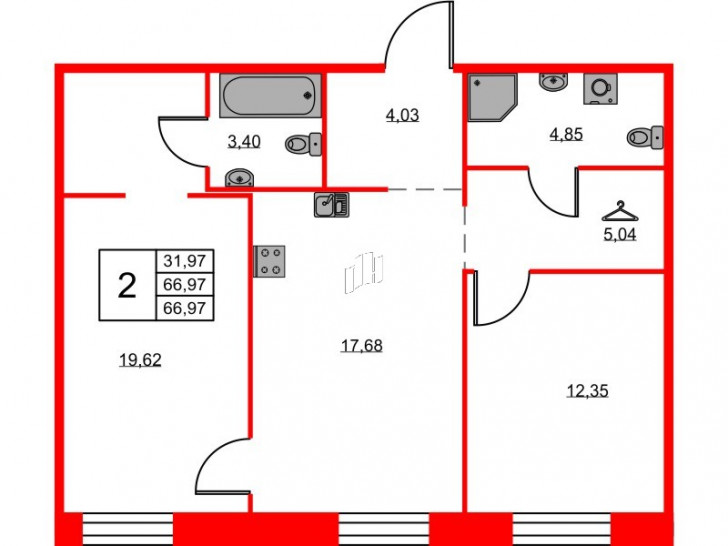 Двухкомнатная квартира 66.97 м²