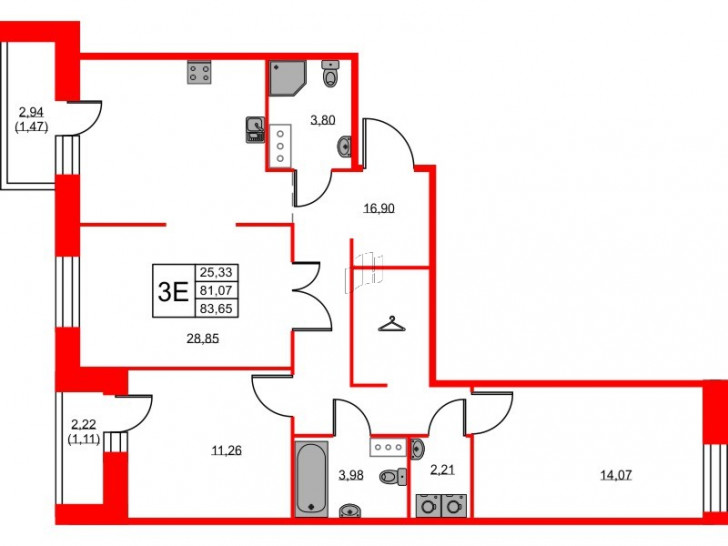 Двухкомнатная квартира 83.65 м²