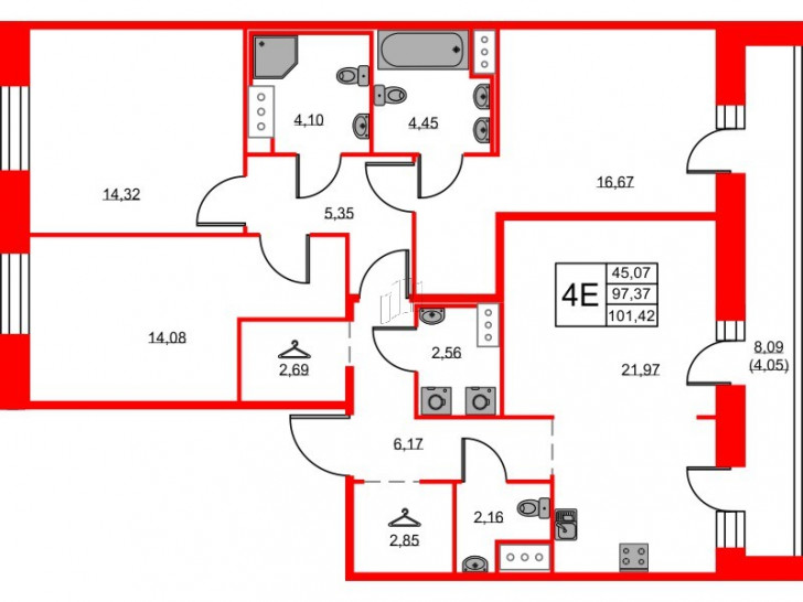 Трёхкомнатная квартира 101.42 м²