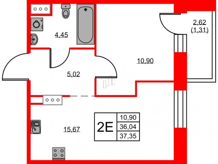 Однокомнатная квартира 37.35 м²