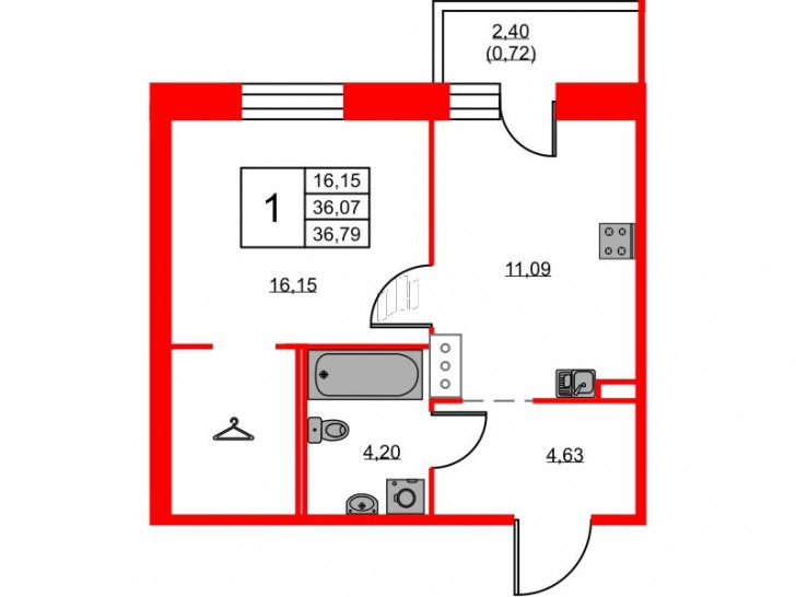 Однокомнатная квартира 36.79 м²