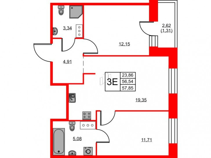 Двухкомнатная квартира 57.85 м²